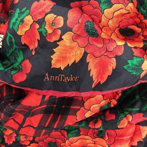 Vintage Ann Taylor Silk Scarf, 34" Square Red Floral, Black and Red Check Center - Picture 2 of 8